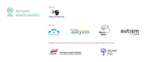 logo - Sztuka Wrażliwości; organizator: Fundacja Kultura Enter; partnerzy: Warsztaty Kultury, nie tylko autyzm, NeuroDots, autism team; Współfinansowano przez Narodowy Instytut Wolności, Nowe FIO